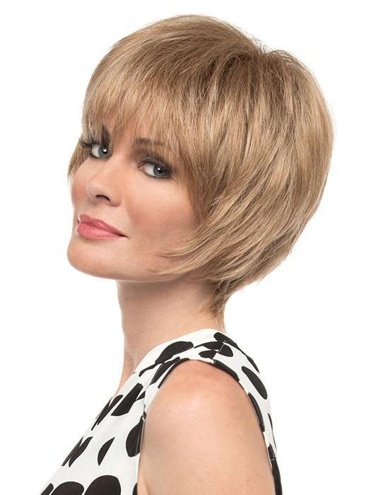 Cassandra by Envy | A flattering short style with tons of face framing fringe. | Color: Dark Blonde