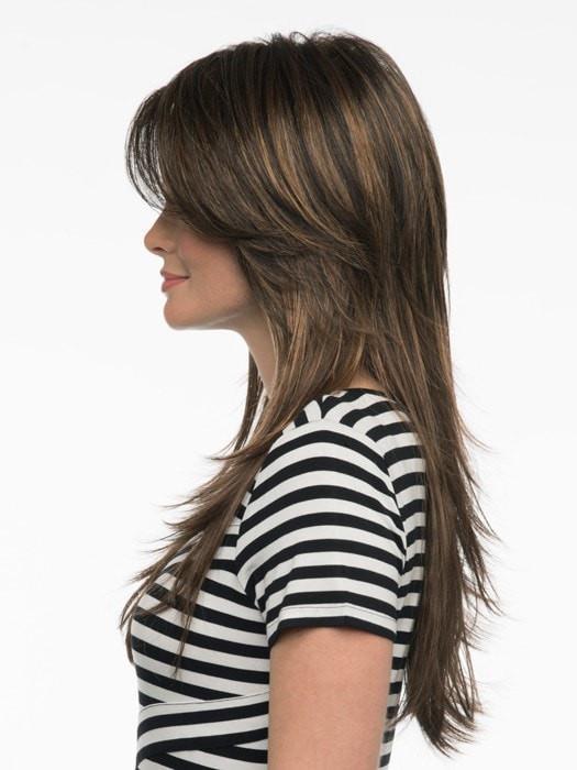 Wear the bang off to the side or have it trimmed by your stylist | Color: Chocolate Caramel