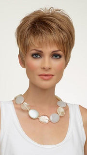 TIFFANY PETITE by Envy in SPARKLING CHAMPAGNE | Medium Brown roots with overall Strawberry Blonde base and soft Golden Blonde highlights