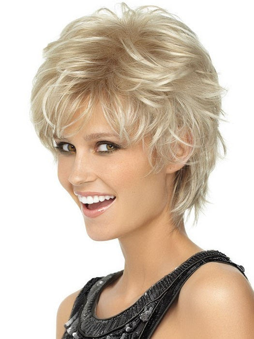 Color SS14/88 = Golden Wheat: Med Blonde streaked w/ Pale Gold highlights & Med Brown roots | Spiky Cut Wig by Wig Pro