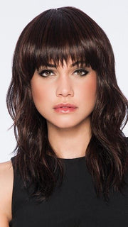 Blunt-cut bangs and long, softly textured layers | Color: R435S+ Black Cherry