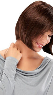 This short wig is slightly longer in the front and shorter in the back