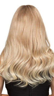 27T613S8 | Medium Natural Red-Gold Blonde and Pale Natural Gold Blonde Blend and Tipped, Shaded with Medium Brown (This piece has been styled and curled)