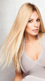 BLAKE EXCLUSIVE Jon Renau in 27T613S8 | Medium Natural Red-Gold Blonde and Pale Natural Gold Blonde Blend and Tipped, Shaded with Medium Brown (This piece has been styled and straightened)