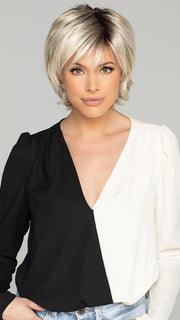 ELLEN by WigPro in 22-1001-R8 | Ash Blonde base blended with Platinum Blonde Highlights and Chestnut Brown Roots