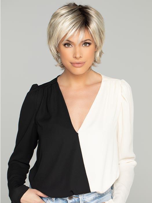 ELLEN by WigPro in 22-1001-R8 | Ash Blonde base blended with Platinum Blonde Highlights and Chestnut Brown Roots