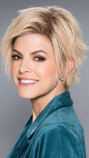 XELA by ELLEN WILLE in CHAMPAGNE ROOTED | Light Beige Blonde, Medium Honey Blonde, and Platinum Blonde blend with Dark Roots