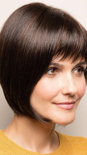 A sleek a-line bob with full fringe and a tapered nape