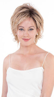 MIMOSA by BELLE TRESS in HONEY-WITH-CHAI-LATTE | Light Golden Brown with Pale Golden Blonde & Medium Golden Blonde Highlights on Top, Medium Brown Roots