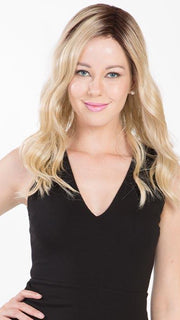 MAXWELLA 18" by BELLETRESS in HONEY WITH CHAI LATTE | Light Golden Brown with Pale Golden Blonde & Medium Golden Blonde Highlights on Top, Medium Brown Roots