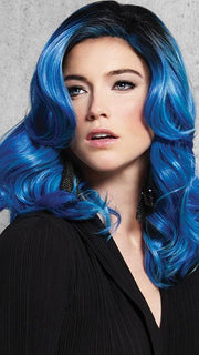 Make a splash in this bold Blue Waves Wig by hairdo. Colors flow from a dark root to bold and baby blues
