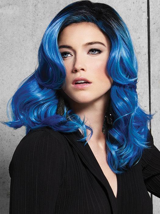 Make a splash in this bold Blue Waves Wig by hairdo. Colors flow from a dark root to bold and baby blues