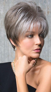 SAMY by Rene of Paris in SANDY SILVER | Silver Medium Brown blend that transitions to more Silver then Medium Brown then to Silver Bangs