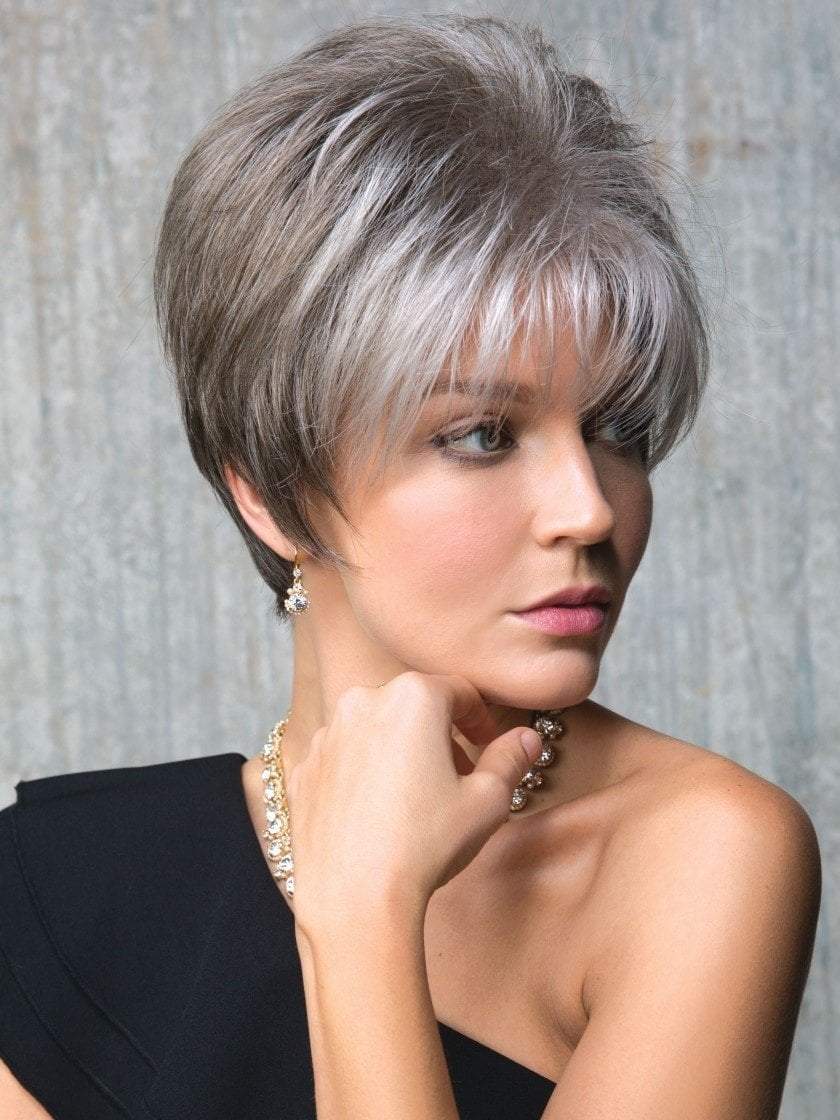 SAMY by Rene of Paris in SANDY SILVER | Silver Medium Brown blend that transitions to more Silver then Medium Brown then to Silver Bangs