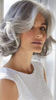 AMAL by Rene of Paris in SILVER-STONE | Silver Medium Brown blend that transitions to more Silver then Medium Brown then to Silver Bangs