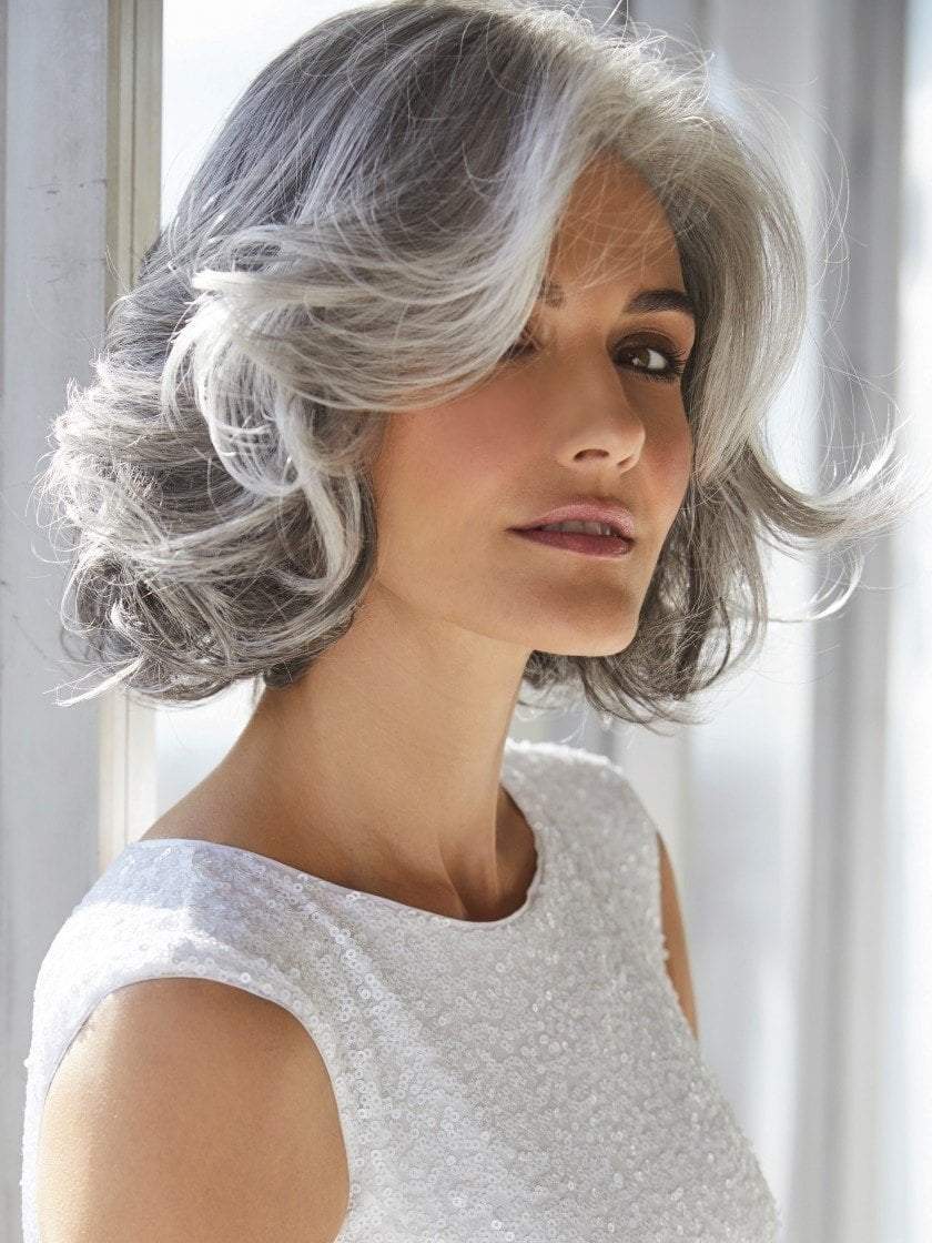 AMAL by Rene of Paris in SILVER-STONE | Silver Medium Brown blend that transitions to more Silver then Medium Brown then to Silver Bangs
