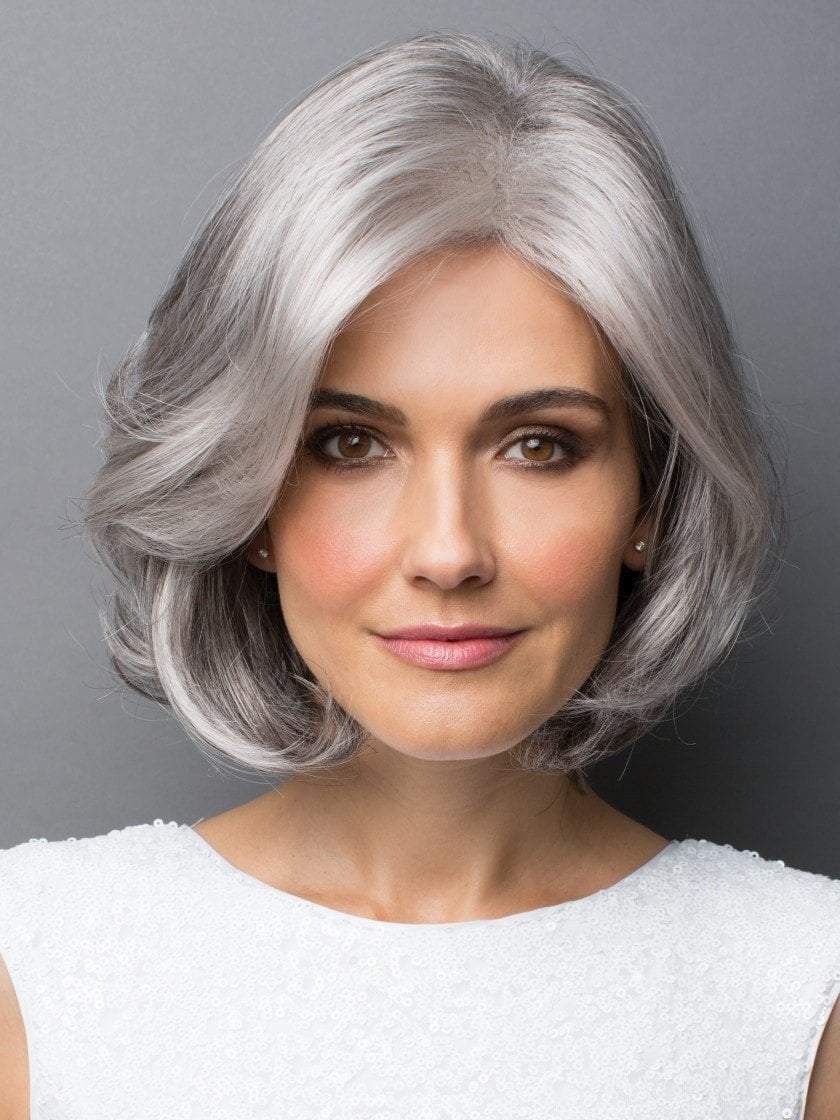 AMAL by Rene of Paris in SILVER-STONE | Medium Brown and Silver blend that transitions to more Silver Light Ash Brown to Silver Bangs