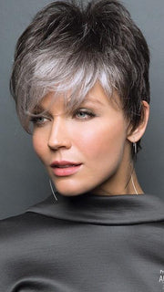 The bangs can be trimmed for a more wispy style | Color: Midnight Pearl- Dark Brown base with Dark Brown and Silver blend with Silver bangs