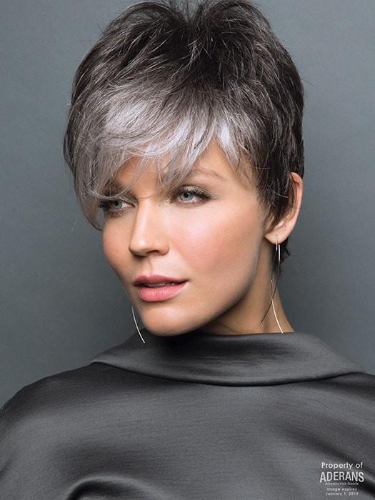The bangs can be trimmed for a more wispy style | Color: Midnight Pearl- Dark Brown base with Dark Brown and Silver blend with Silver bangs