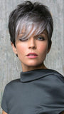 Long fringe with a spiky top for an edgy, fun look | Color: Midnight Pearl- Dark Brown base with Dark Brown and Silver blend with Silver bangs