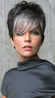 Long fringe with a spiky top for an edgy, fun look | Color: Midnight Pearl- Dark Brown base with Dark Brown and Silver blend with Silver bangs