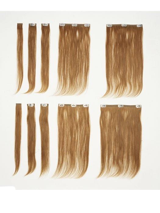 Set includes 8 clip-in extensions, plus 2 extra pieces for testing perm and color