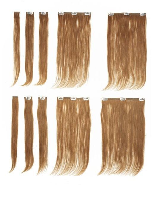 Set includes 8 clip-in extensions, plus 2 extra pieces for testing perm and color