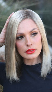 Roxie wearing Sutton in color: RH1488RT8 | Highlighted Copper Blonde With Golden Brown Roots