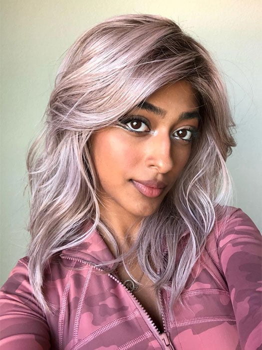 Shyla in TABU by Ellen Wille in color LAVENDER ROOTED | Medium Dark Brown Root, Blended into a Light Silver Smoke Tones, Blended with Various Shades of Purple with Dark Roots