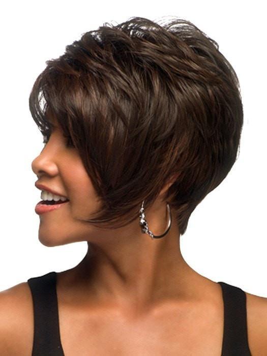 Adorable short pixie bob with angle pointed sides featuring heat friendly synthetic fiber.
