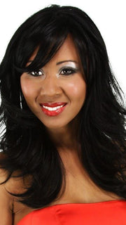 Gorgeous long layered cut with flipped ends and a center skin part featuring heat friendly synthetic fiber